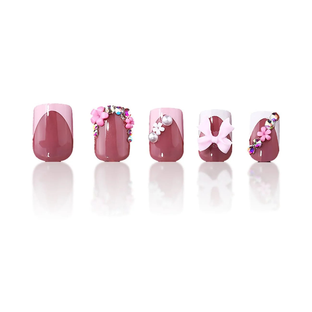 24Pcs French Tip Press on Nails Short with Charms Bow Flower Design, Pink French Nails Press Ons Cute Bow Stick on Nails Short Square Shape Acrylic Nails Rhinestones Nails for Women