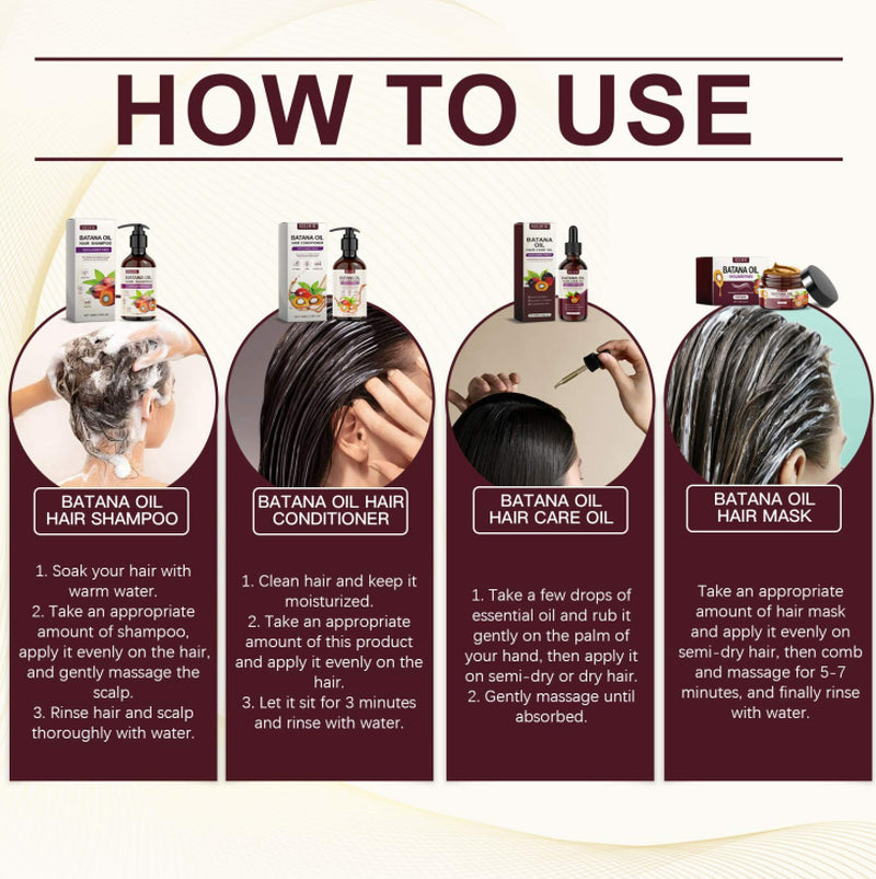 Batana Oil Voluminous Hair Care Set Repairs Frizzy Hair, Nourishes Smooth Hair and Provides Hair Care