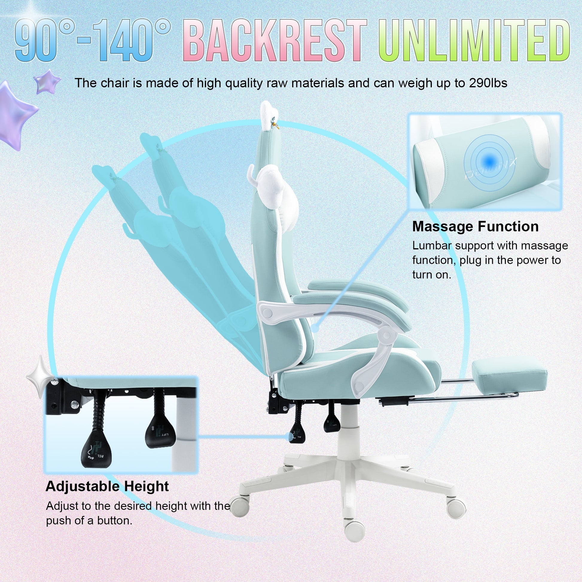 Cute Cat-Ear Gaming Chair with Massaging Lumbar Support, Ergonomic Computer Gaming Chair for Girl and Adults, Reclining Comfort Game Chairs with Footrest, Blue