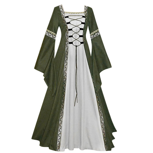 Chemise Renaissance Dress for Women Flared Sleeve Gothic Gowns with Lace up Bandage Medieval Contrast Color Dress