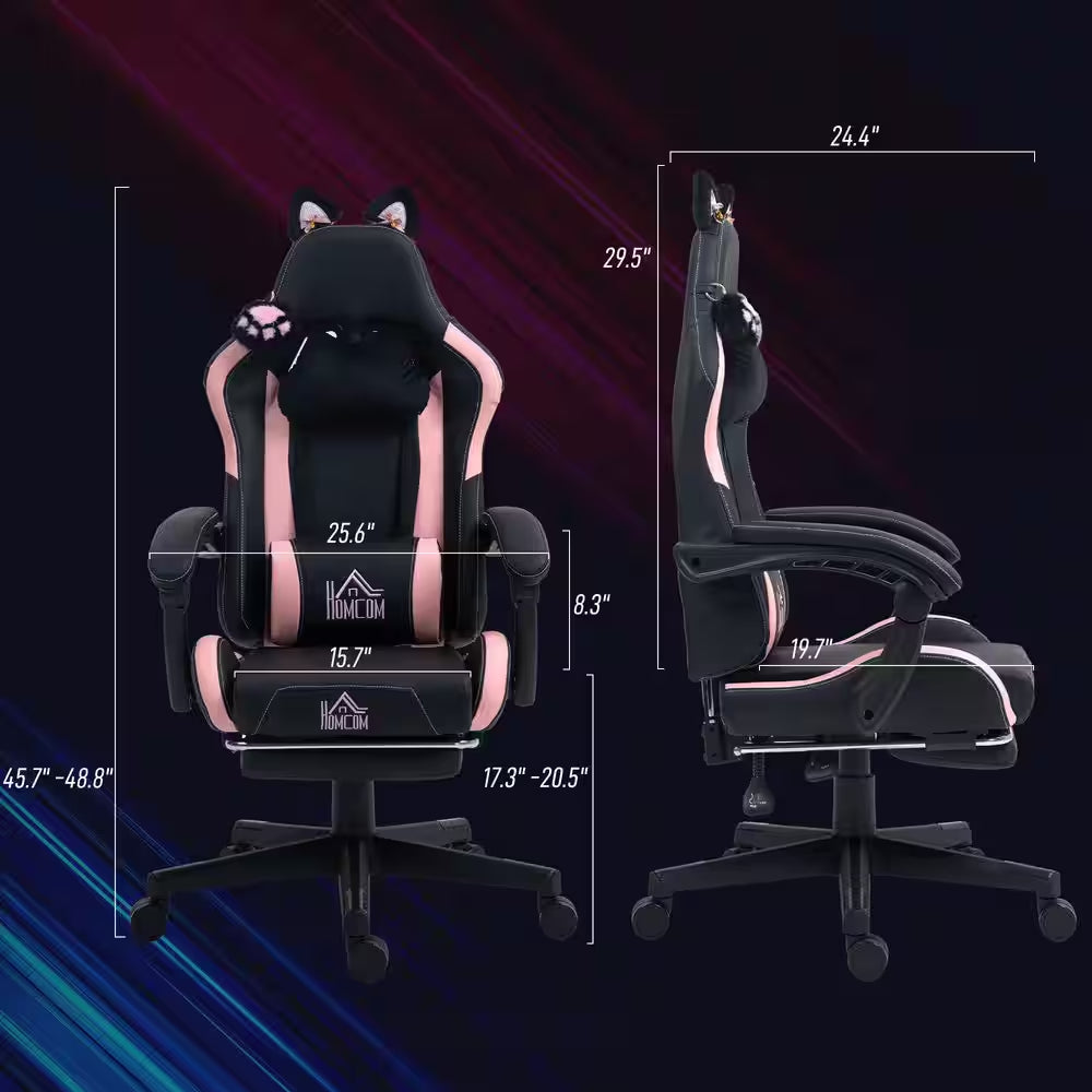 Faux Leather Cat Ear, Pillow, Adjustable Height, Tilt Gaming Chair in Black and Pink