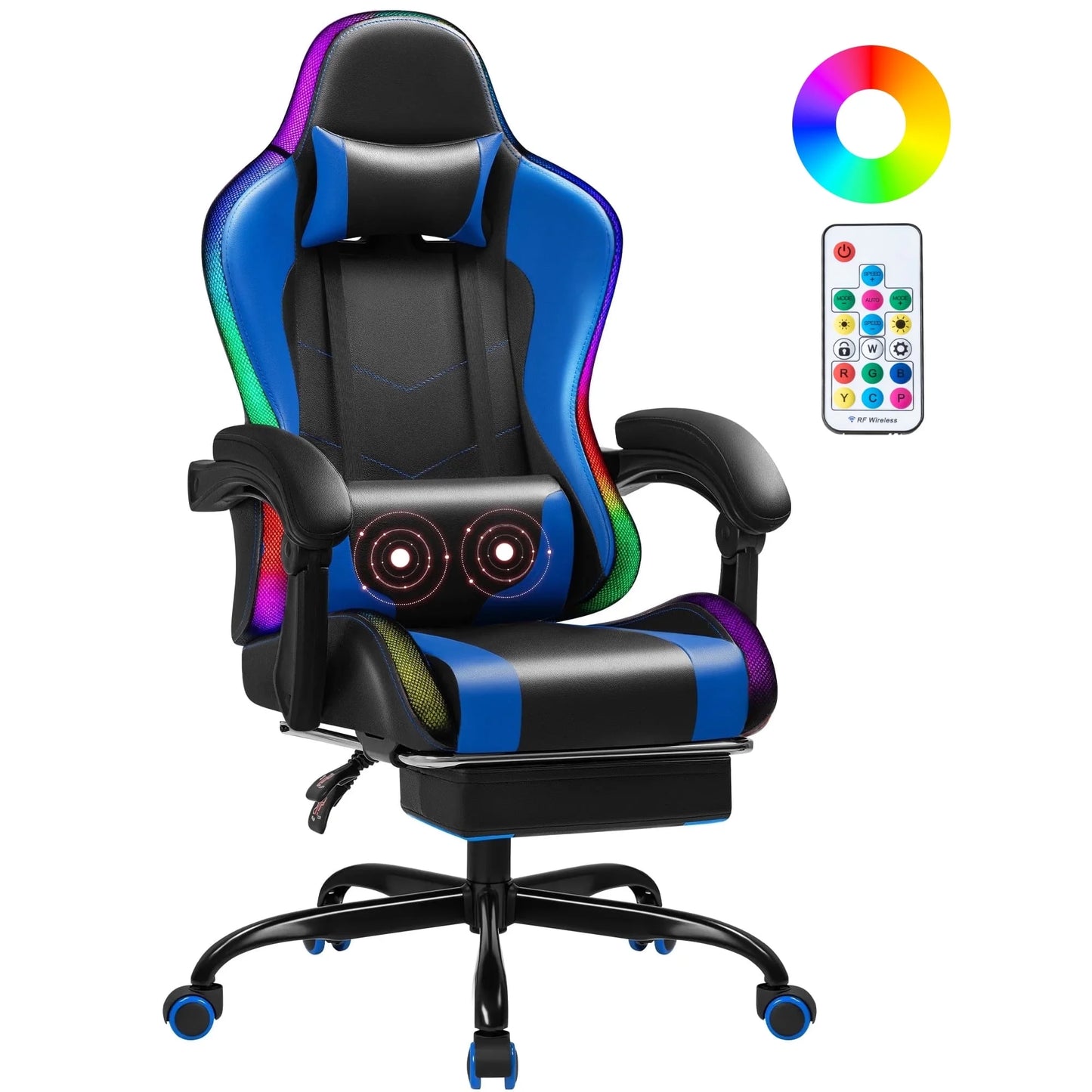 Homall RGB Gaming Chair with Massage and LED Lights Ergonomic Computer Chair with Footrest E-Sports Chair with Adjustable Lumbar Support Reclining Video Game Chair, Black