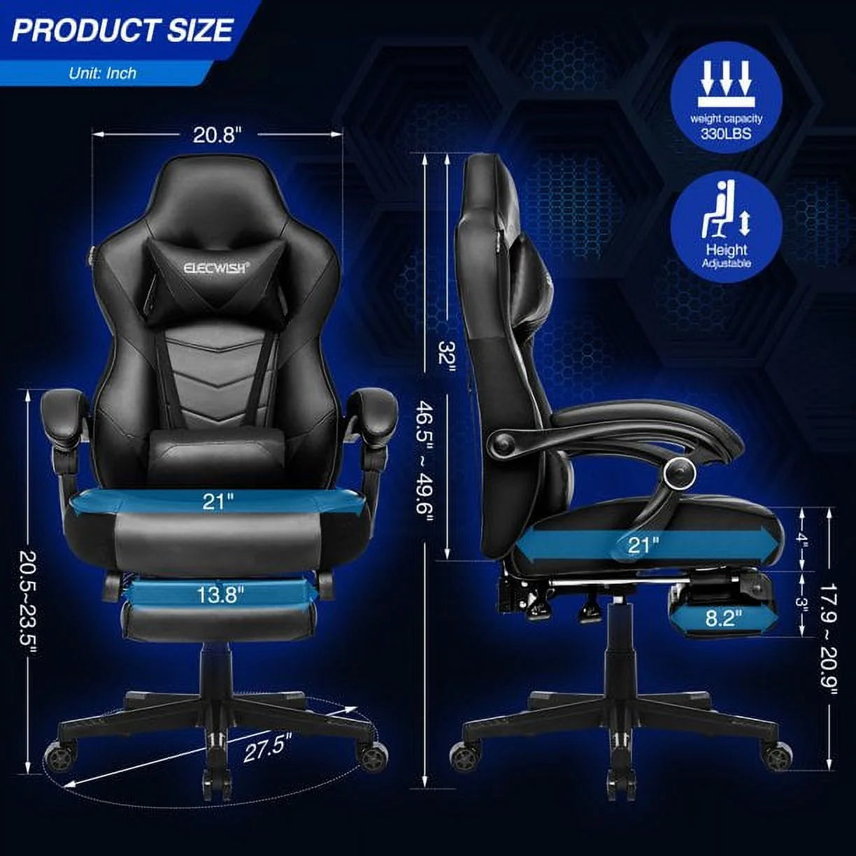 Racing Style Reclining Gaming Chair High Back Large Size Ergonomic Adjustable Swivel Computer Chair with Footrest Headrest and Lumbar Support PU Leather Executive Office Chair (Black)