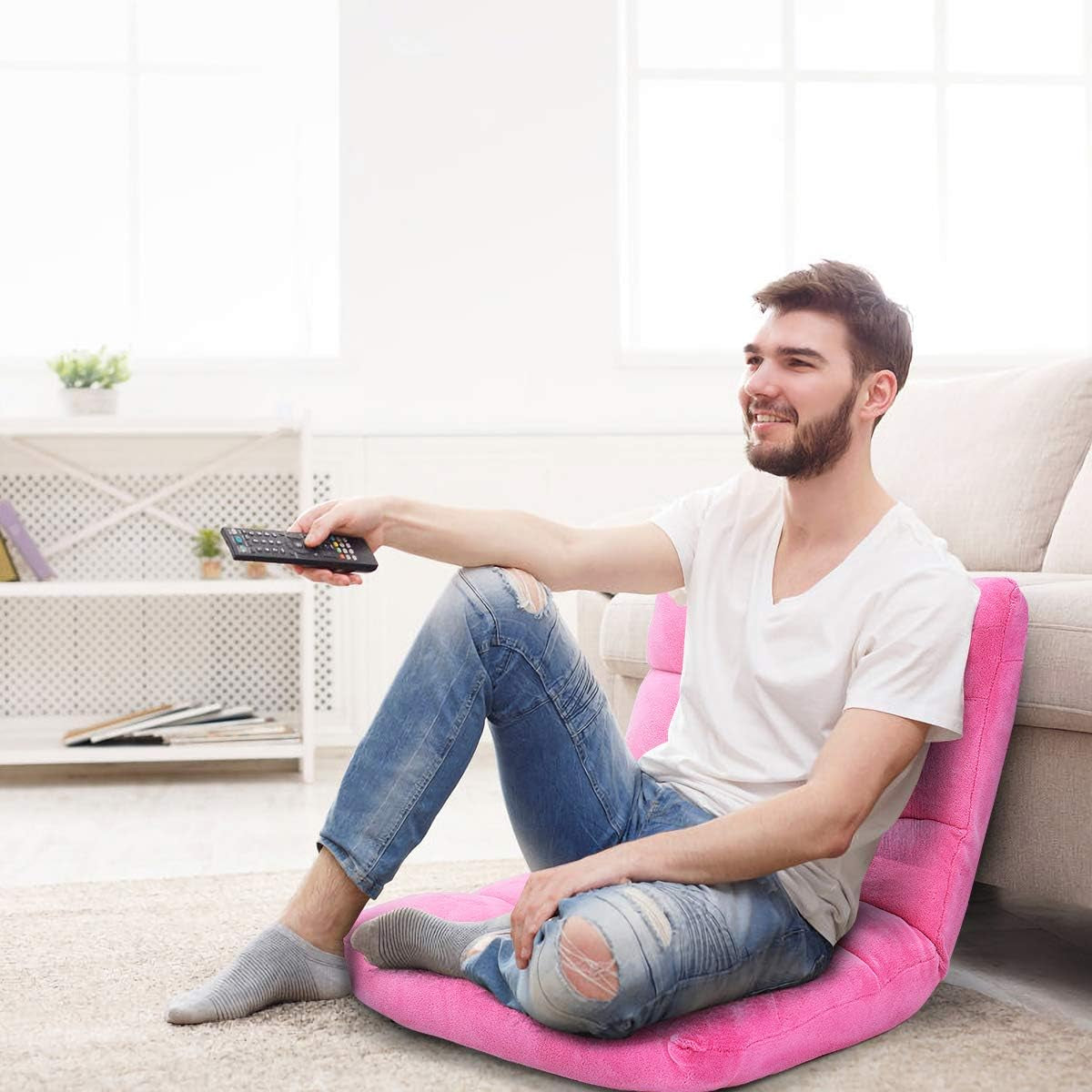 Cushioned Floor Chair, 14-Position Adjustable Padded Lazy Recliner with Comfortable Back Support and Skin-Friendly Cover, Great for Reading, Playing Game, Meditating (Delightful Pink)