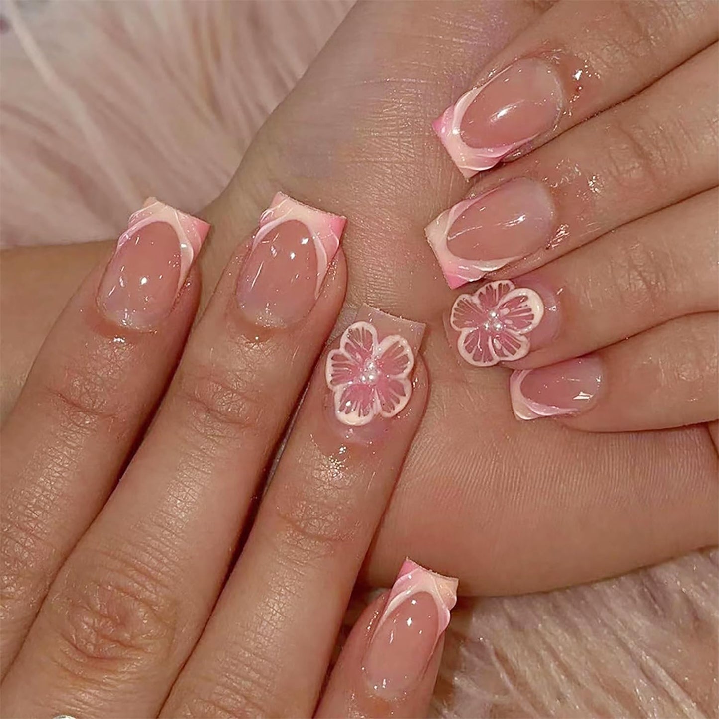 24Pcs Pink Press on Nails Short Square Fake Nails French Tip Press Ons with Flower Bow Charms Design Acrylic False Nails Glitter Rhinestone Glue on Nails Glossy Artificial Stick on Nails Kit for Women
