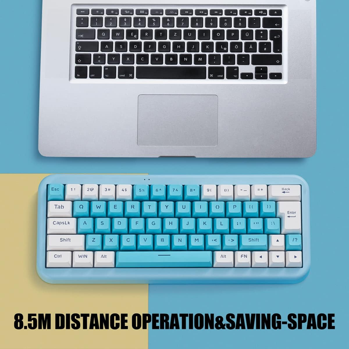 7KEYS 60% 2.4G Wireless Gaming Keyboard with Wrist Rest, Compact 63 Keys Mini RGB Light up Keyboard for PC Mac Laptop, Portable, Rechargeable Quiet for Typing and Gaming (Blue&White)