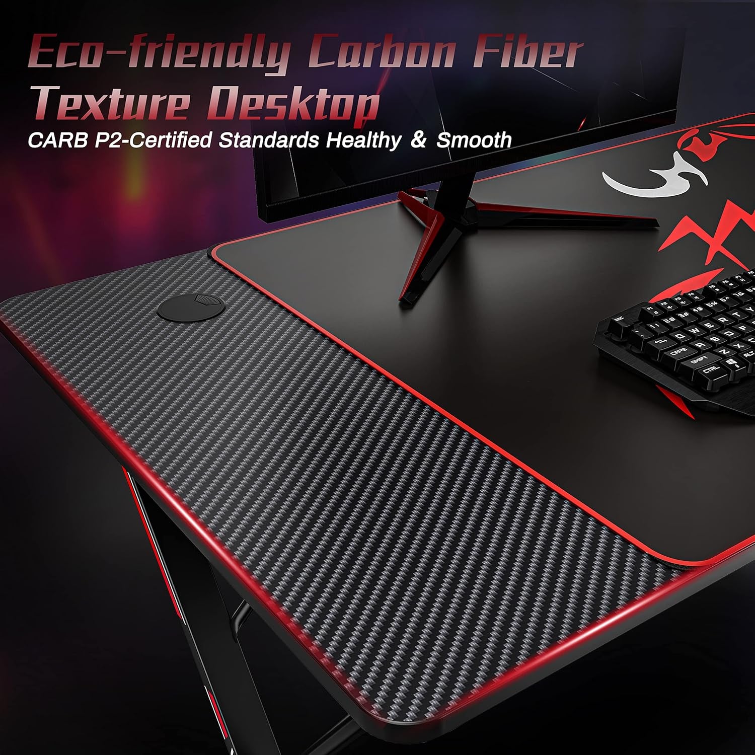 Gaming Desk 55 Inch,Pc Gaming Table, X Shaped Gaming Computer Desk with Mouse Pad, Carbon Fiber Home Office Gamer Desk with Cup Holder & Headphone Hook & Controller Stand,Black