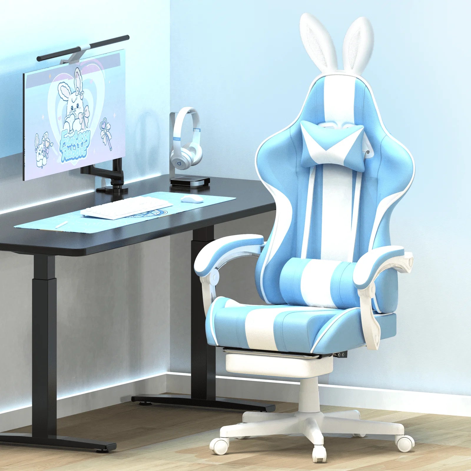 Blue Gaming Chair S Girls, Ergonomic Game Gamer Chair with Massage Lumbar Pillow & Adjustable Bunny Ear Headrest, High Back Office Computer Light Blue