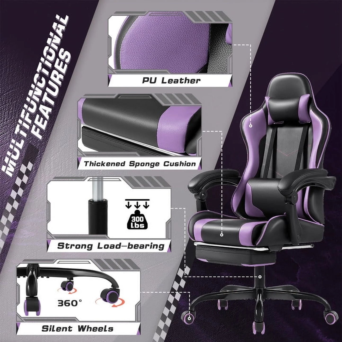 Furmax High Back Massage Gaming Chair with Footrest PU Leather Racing Computer Chair with Lumbar Support Ergonomic Office Chairs, Purple