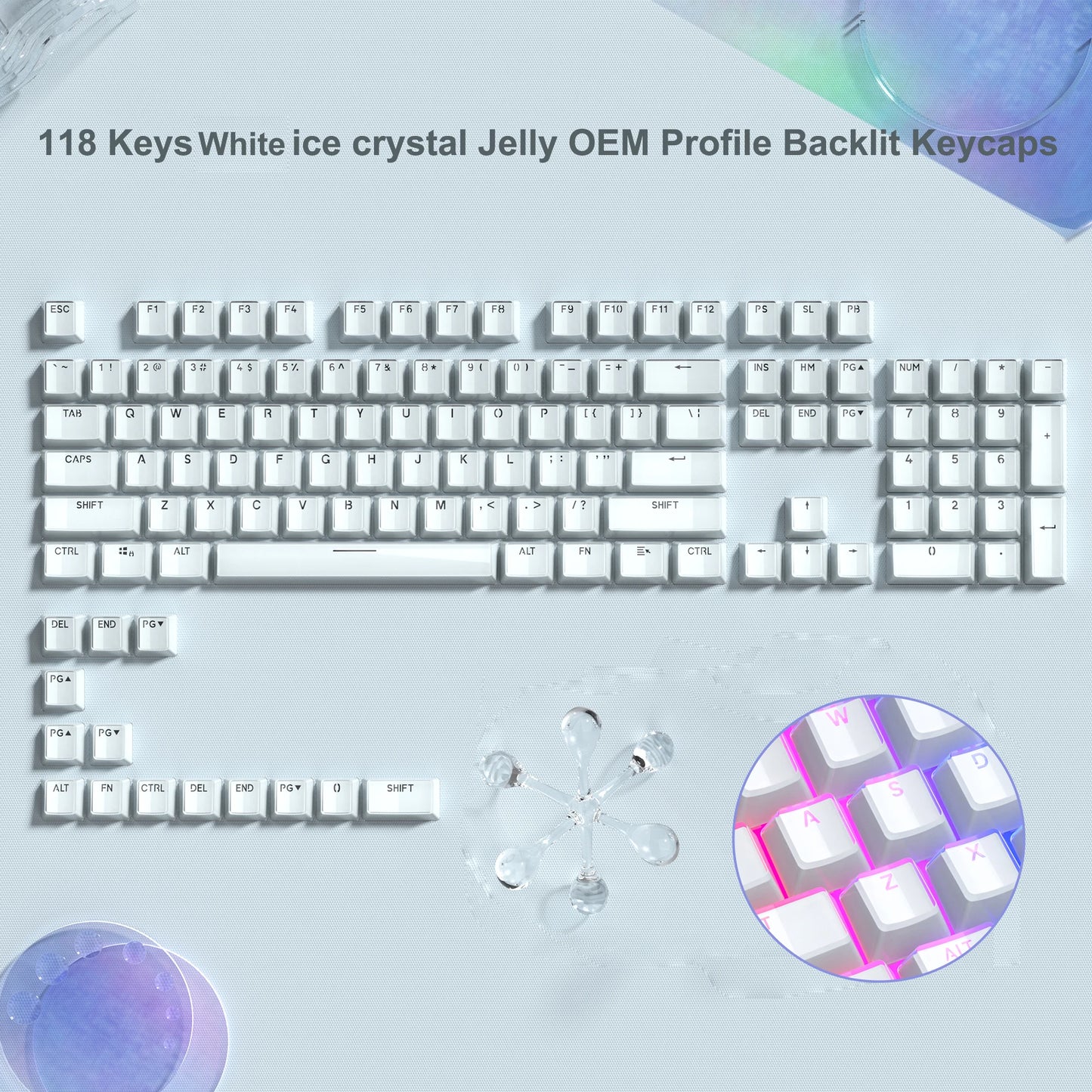 113 Key Jelly round Side Keycaps Ice Crystal Translucent Pink OEM Profile Key Cap for Cherry MX 61 68 104 Mechanical Keyboard