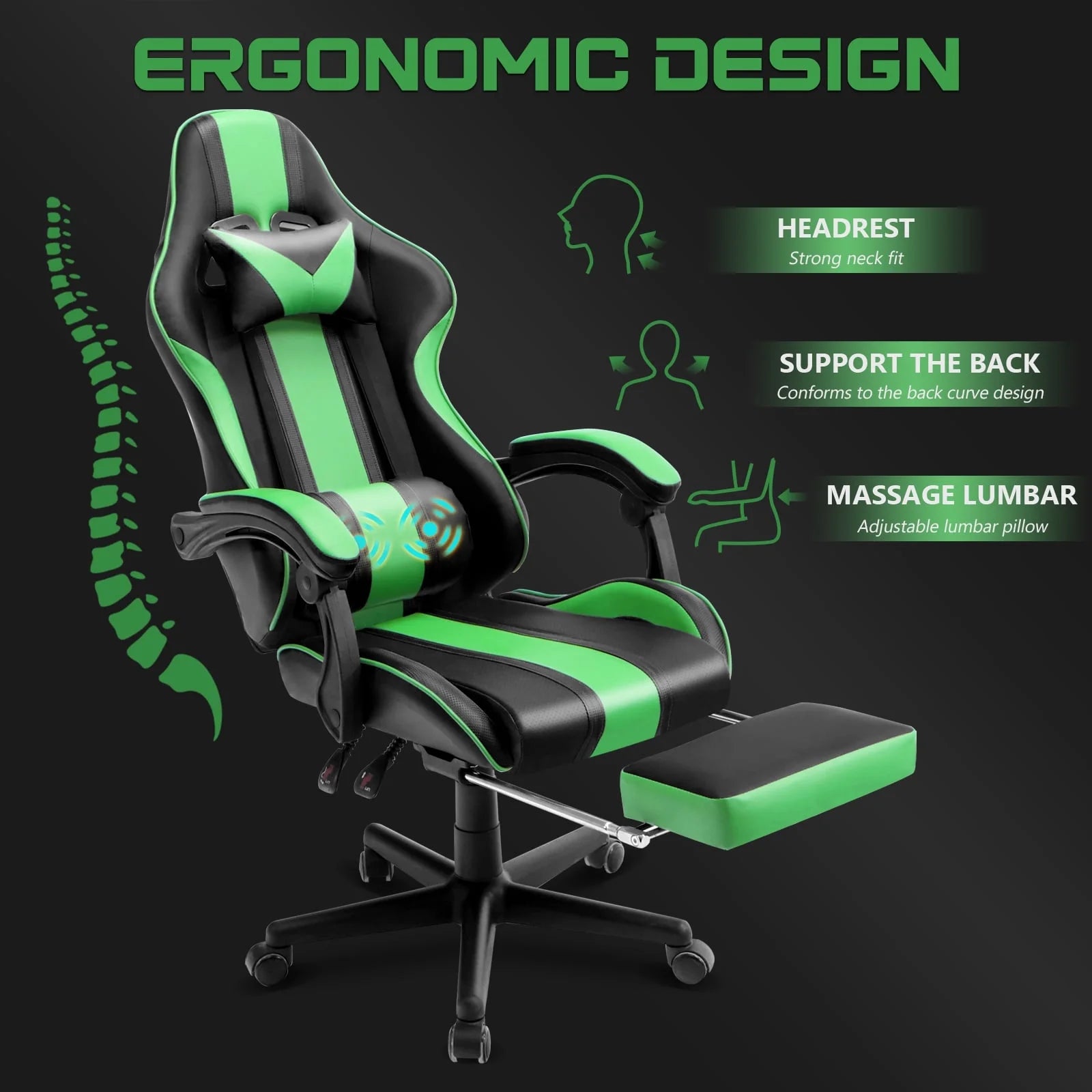 SOONTRANS Ergonomic High Back Gaming Chair with Footrest & Massage Lumbar Pillow, Green