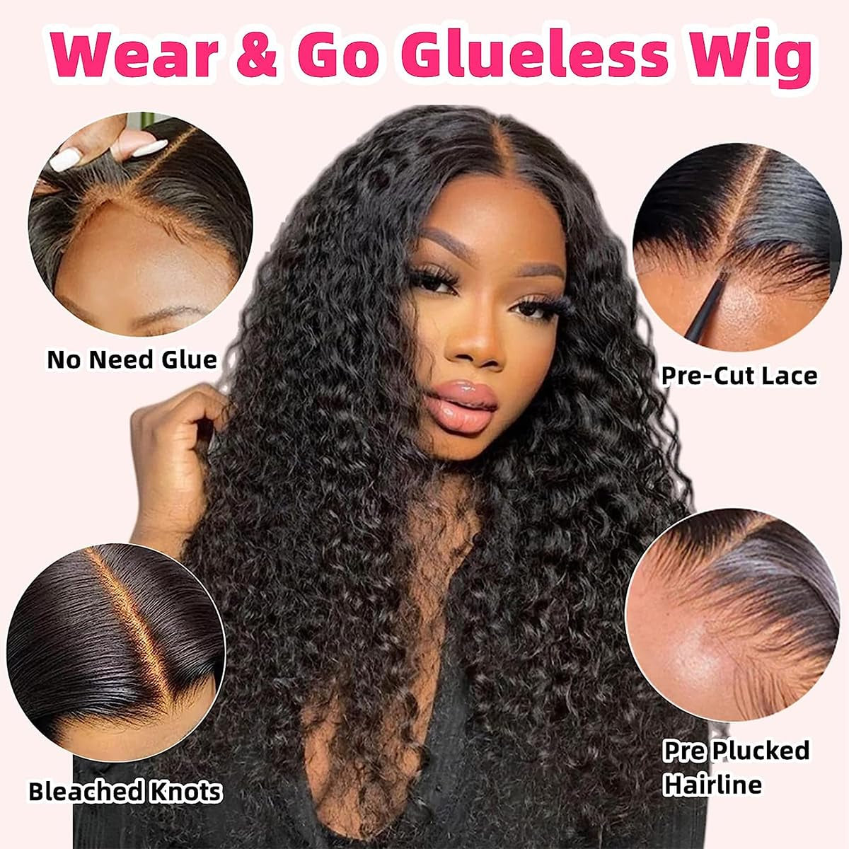 Wear and Go Glueless Wigs Human Hair Pre Plucked Pre Cut for Beginners Deep Wave Lace Front Wigs Human Hair 4X4 HD Lace Closure Deep Curly Wigs Human Hair for Women 18 Inch 180% Density