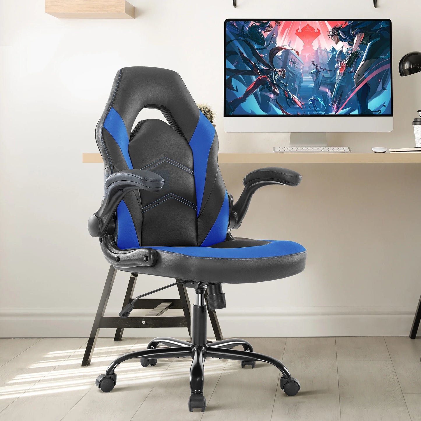GIANNA Computer Gaming Chair, Ergonomic PU Leather Racing Chair with Flip-Up Armrest, Black Grey