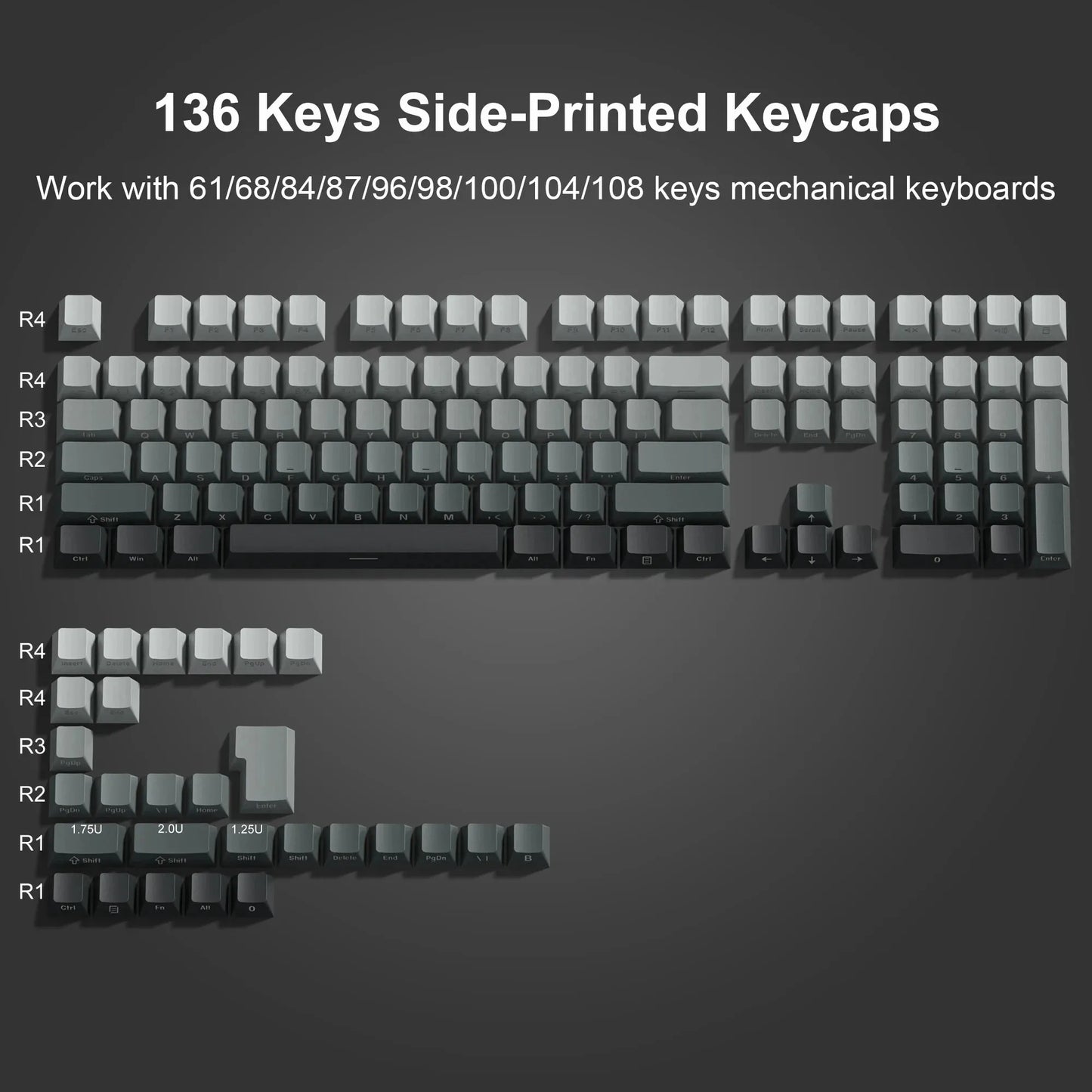 134 Key Black Topographic 4.0 PBT Keycaps Double Shot Side Print Shine through Backlit Key Caps for MX Gamer Mechanical Keyboard
