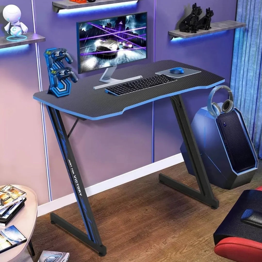 47 Inch Z-Shaped Gaming Desk, PC Computer Table Home Office Desk Ergonomic Gamer Workstation with Headphone Hook, Blue