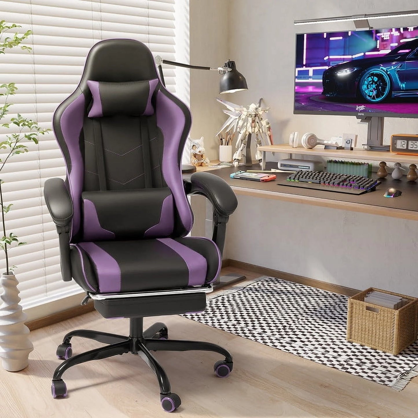 Furmax High Back Massage Gaming Chair with Footrest PU Leather Racing Computer Chair with Lumbar Support Ergonomic Office Chairs, Purple