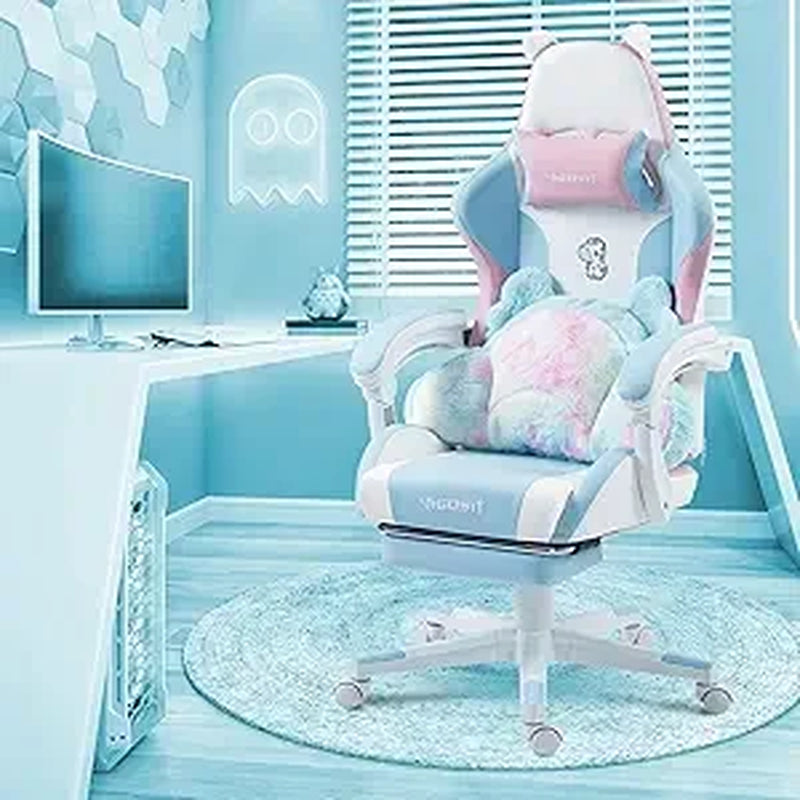 Gaming Chair Cute with Ears and Kawaii Cushion, Ergonomic Computer Game Chair for Girl with Lumbar Support and Footrest, Comfort