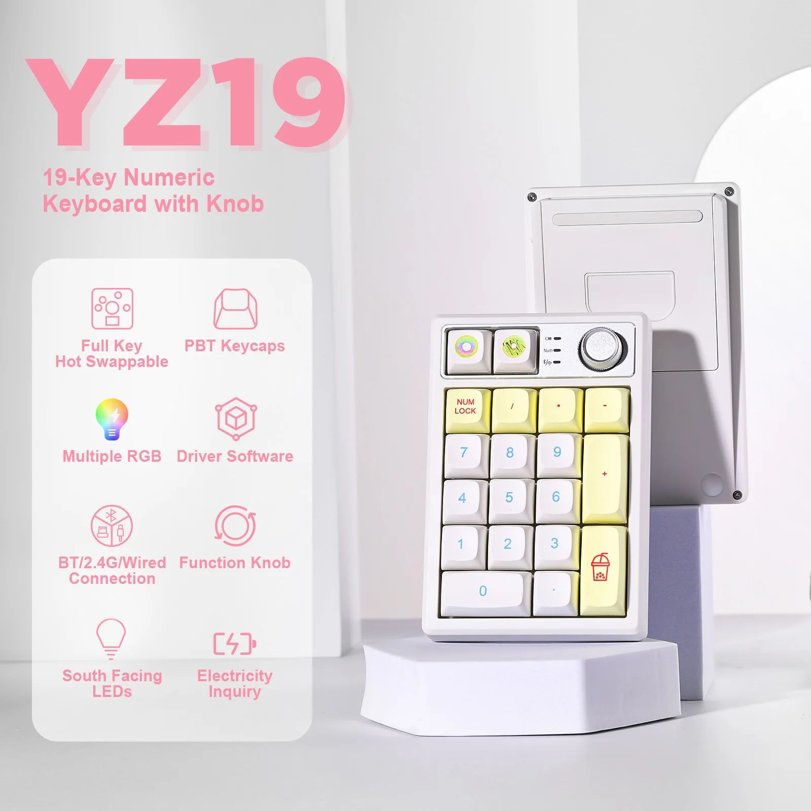 YZ19 Macaron 19 Keys Wireless Custom Knob Mechanical Number Pad, Hot Swappable Gasket RGB Numeric Keypad with PBT Keycaps
