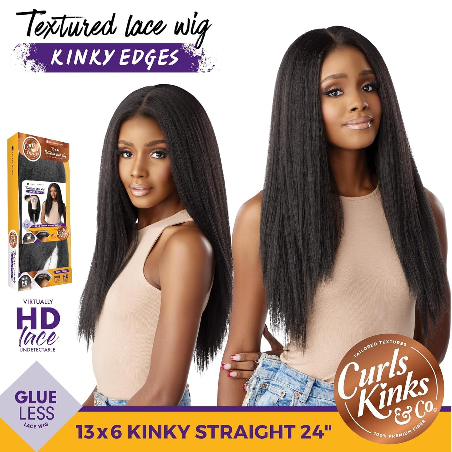 Sensationnel Curls Kinksandco Kinkyedges Wig - Kinky Straight 24 Inch 13X6 Lace Frontal Natural Kinkytexture Edged Hairline for Natural 3C to 4C Hair Textures (BALAYAGEGOLD)