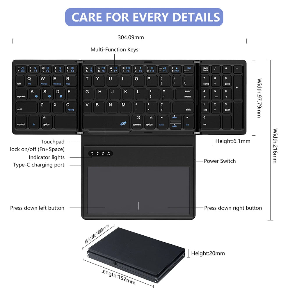 BOW Foladable Bluetooth Keyboard with Touchpad Pocket Folding Keyboard for Laptop Phone Tablet Wireless Rechargeable Keyboard