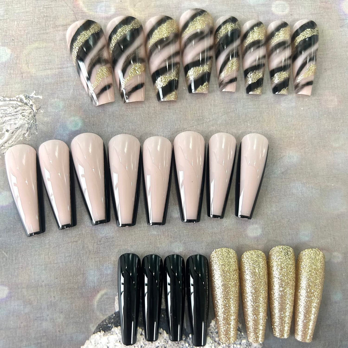 Press on Nails Long Glossy Artificial Coffin Fake Nails with Black Gold Foil Designs Full Cover Reusable False Nails Black French Tips Acrylic Stick on Nails for Women DIY Manicure Tips Decorations