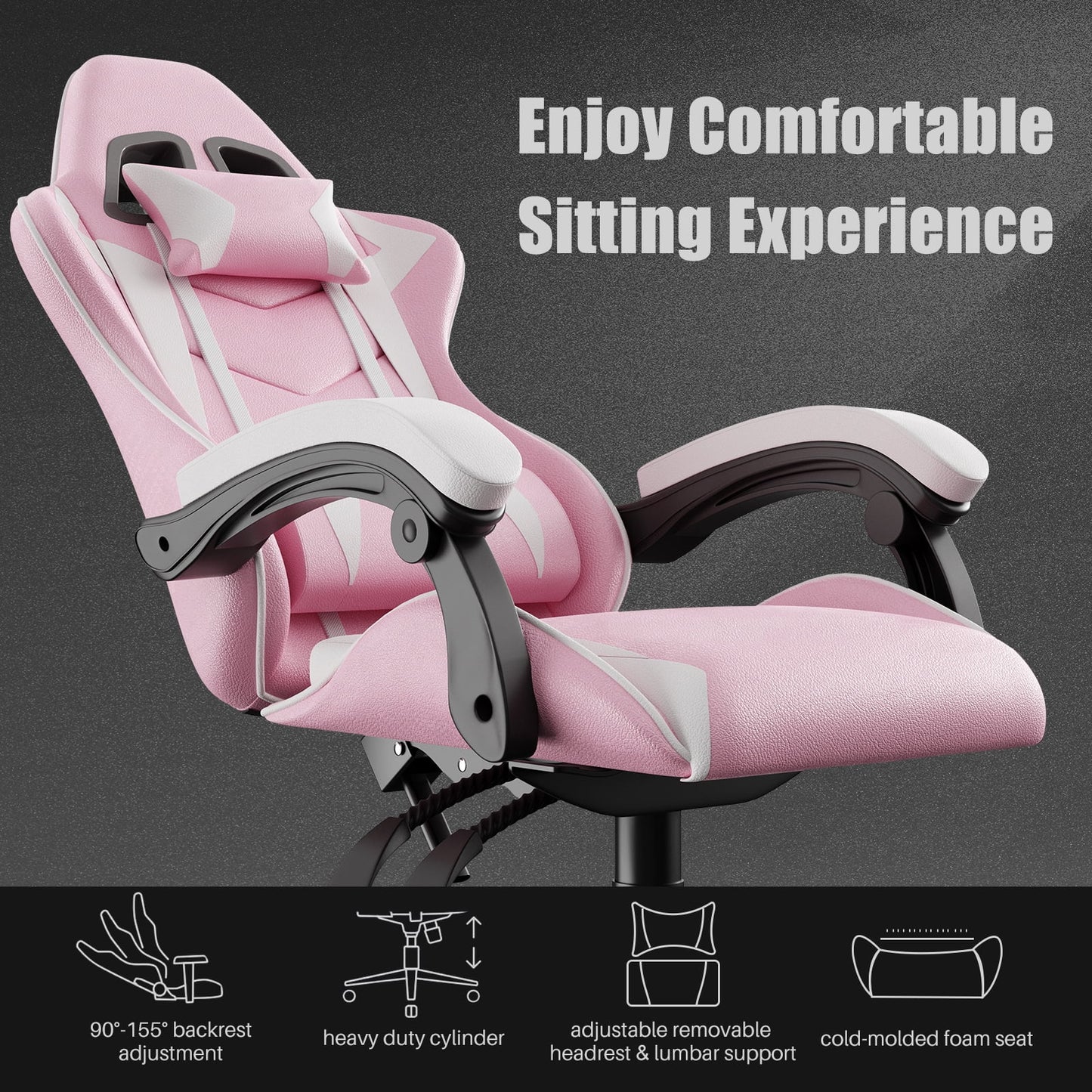 Gaming Chair, Ergonomic Game Chair with Headrest & Lumbar Pillow, Pink