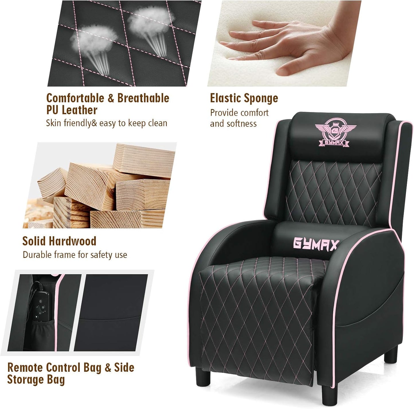 Gaming Chair Recliner with Footrest Breathable PU Leather Massage Recliner - Ergonomic Sofa Computer Chair with Lumbar Support Headrest and Side Pouch for Living Room Home Theater,Pink
