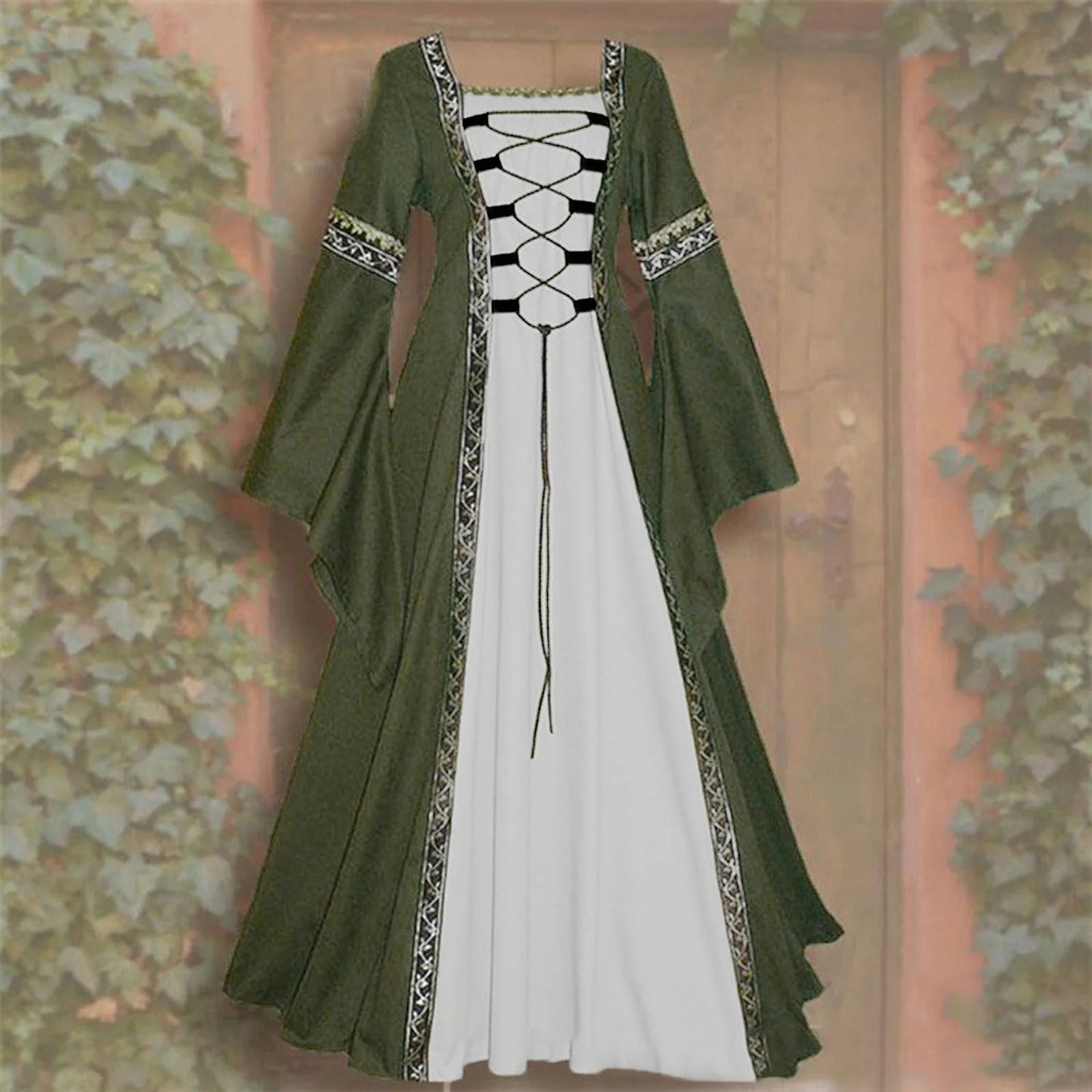 Chemise Renaissance Dress for Women Flared Sleeve Gothic Gowns with Lace up Bandage Medieval Contrast Color Dress