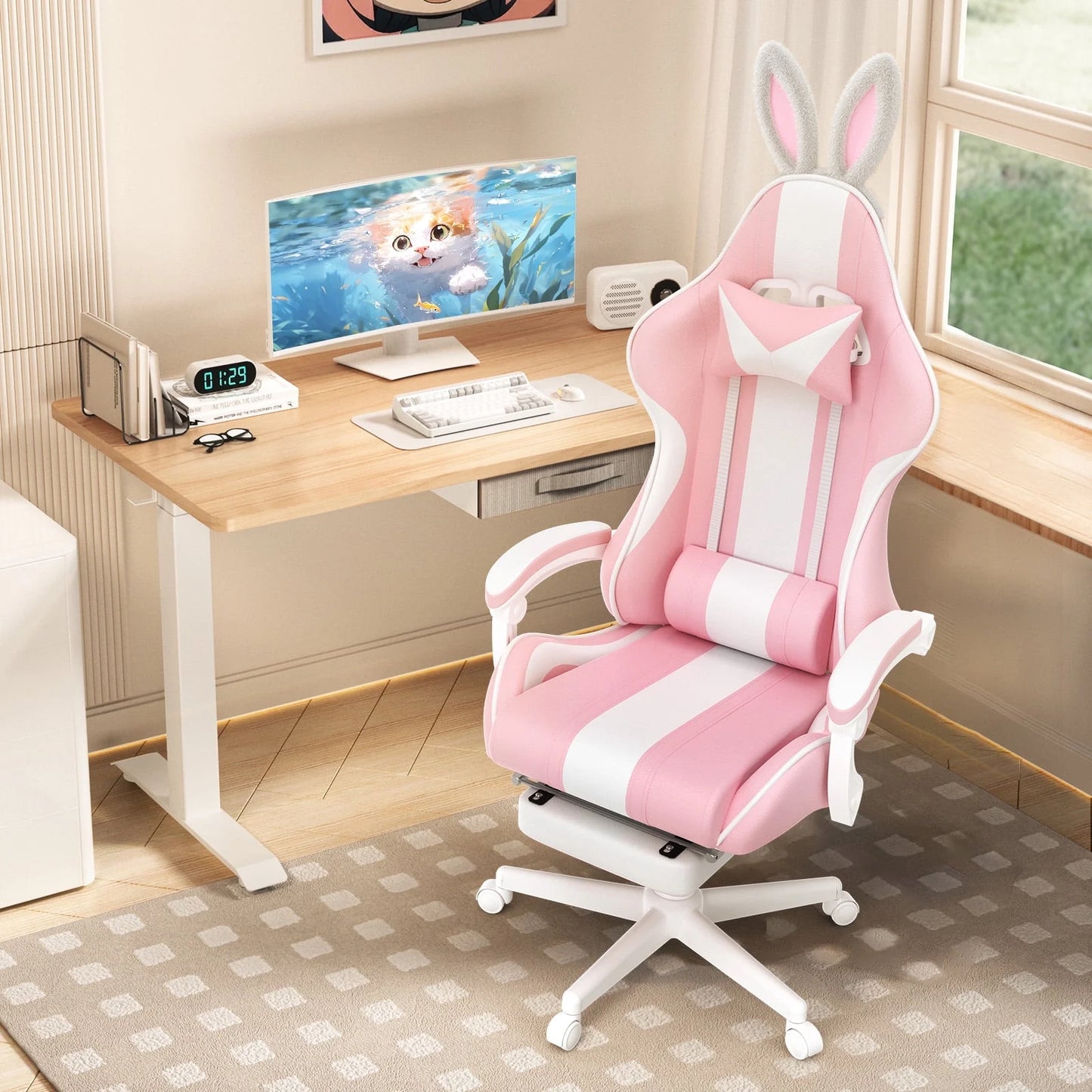 SOONTRANS Ergonomic High Back Gaming Chair with Footrest & Massage Lumbar Pillow, Green