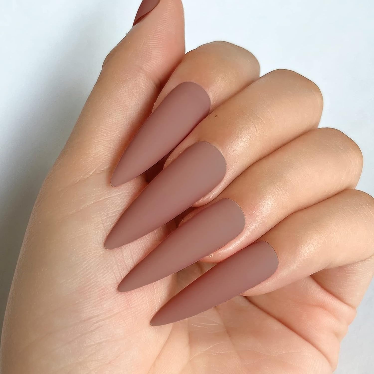 120Pcs Stiletto Press on Nails Long Full Cover Matte Brown Fake Nails Acrylic Pure Colored False Nails for Women and Girls DIY Manicure 10 Sizes