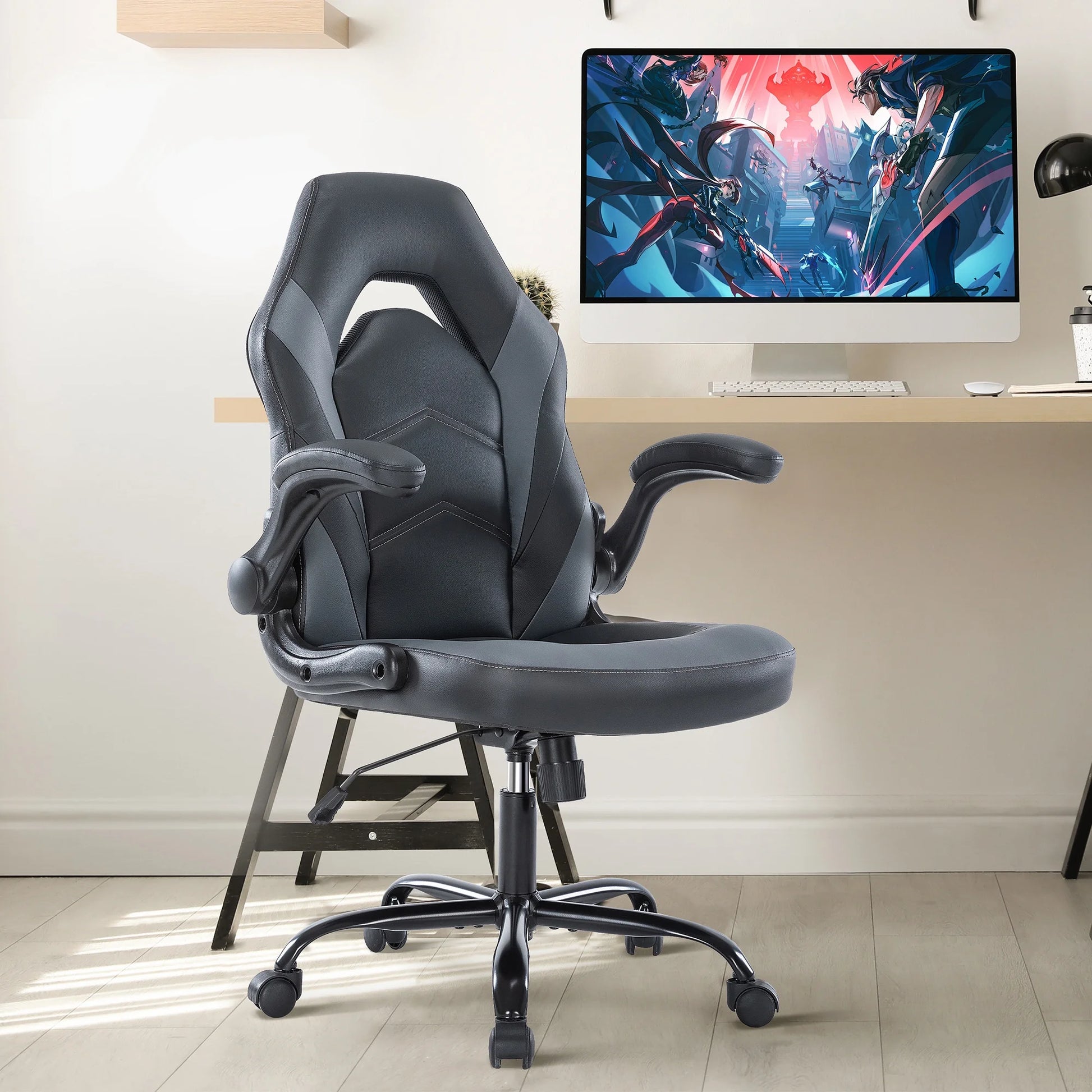 GIANNA Computer Gaming Chair, Ergonomic PU Leather Racing Chair with Flip-Up Armrest, Black Grey