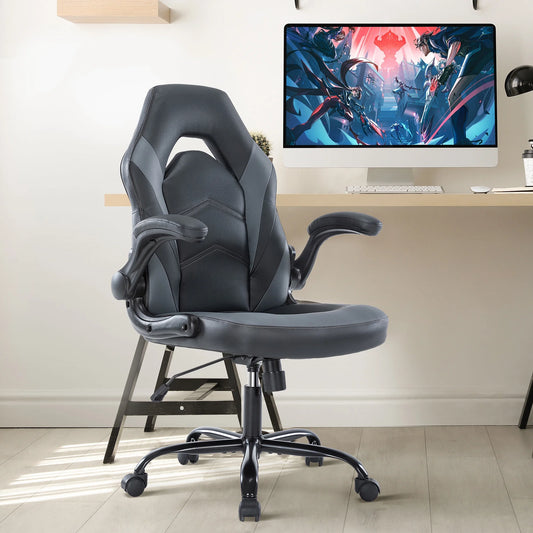GIANNA Computer Gaming Chair, Ergonomic PU Leather Racing Chair with Flip-Up Armrest, Black Grey