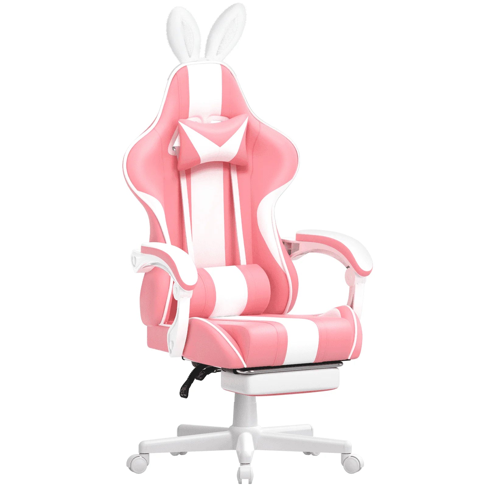 Pink Gaming Chair with Footrest, Girls Ergonomic Game Gamer Chair with Massage Lumbar Pillow & Adjustable Bunny Ear Headrest for Adults S, High Back Office Computer Light Pink