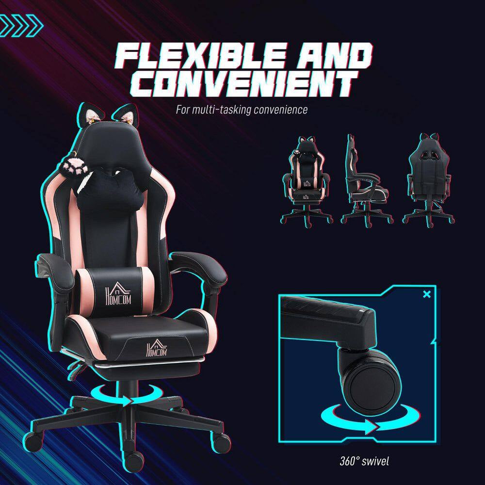 Faux Leather Cat Ear, Pillow, Adjustable Height, Tilt Gaming Chair in Black and Pink