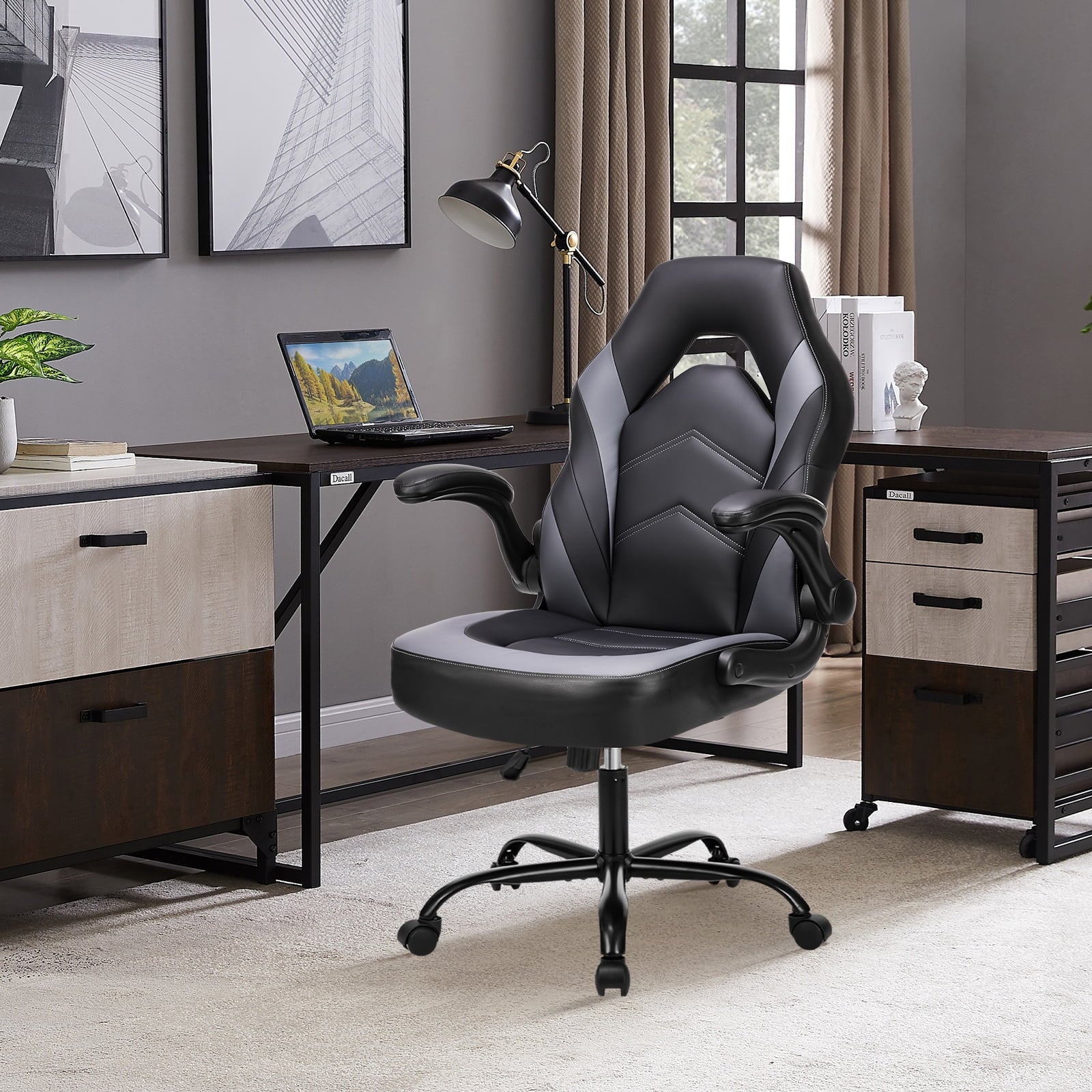GIANNA Computer Gaming Chair, Ergonomic PU Leather Racing Chair with Flip-Up Armrest, Black Grey