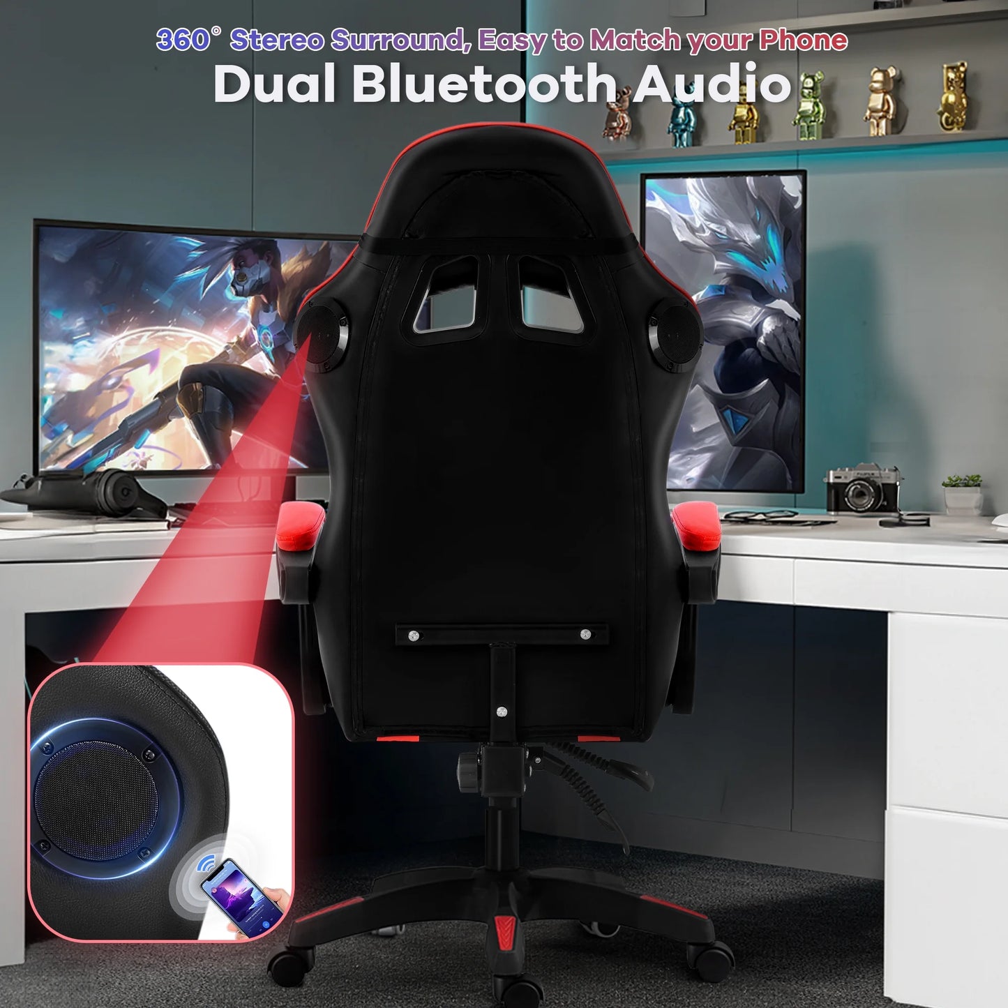 Gaming Chair, CHAHO Ergonomic Office Gaming Chair Computer Racing Chair with Footrest Lumbar Support Headrest and Bluetooth Speakers for Adults, Red