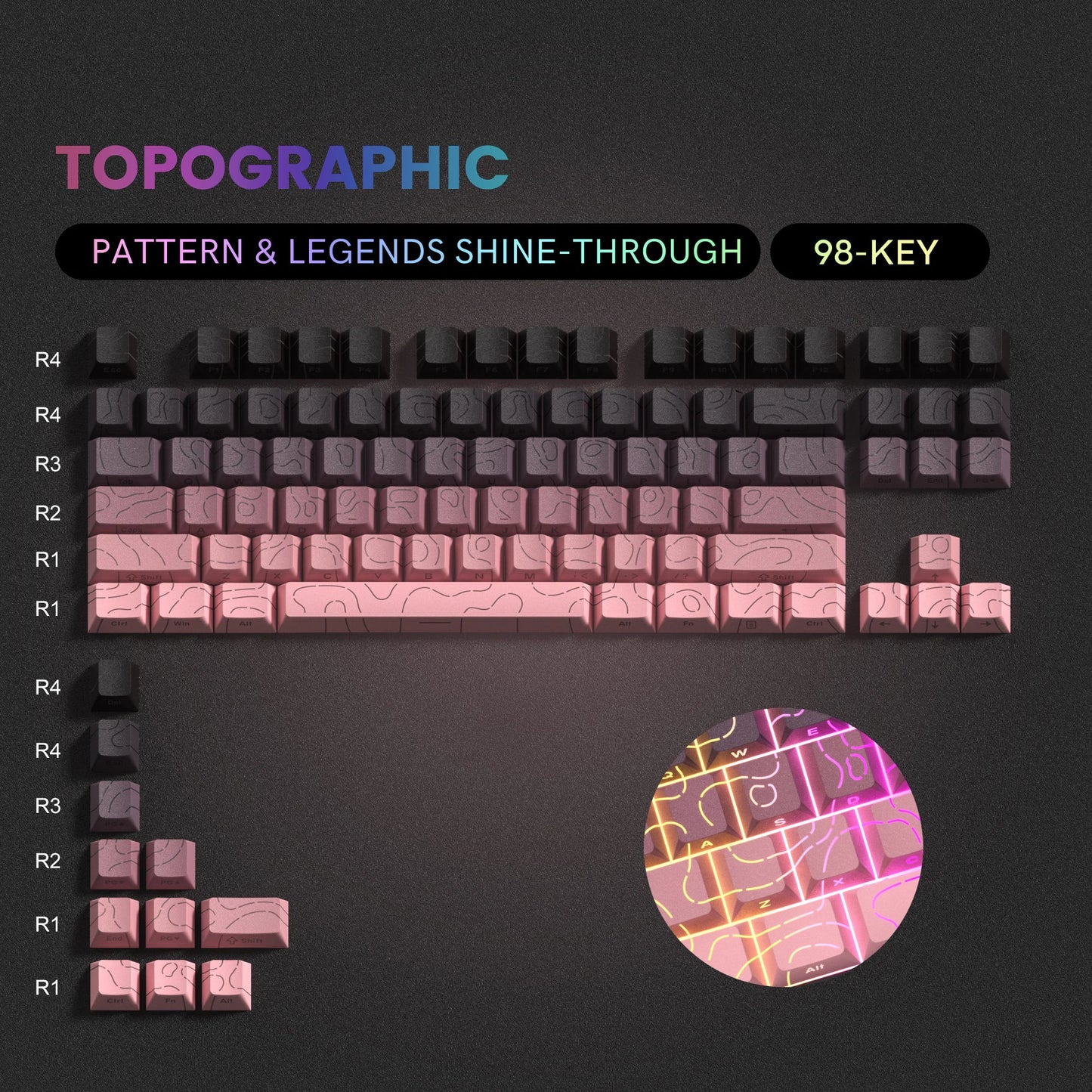 134 Key Black Topographic 4.0 PBT Keycaps Double Shot Side Print Shine through Backlit Key Caps for MX Gamer Mechanical Keyboard