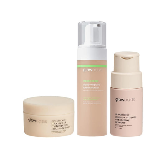 Glowoasis Cleanser Trio Vegan Skin Care Kit | 3-Piece Facial Cleanser Skin Care Set | Cleansing Balm, Foam Face Wash, & Gentle Enzyme Exfoliator | Facial Skin Care Products for All Skin Types