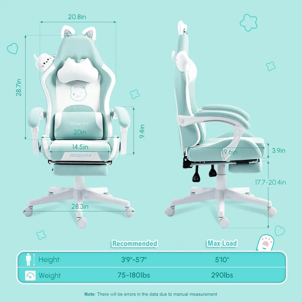 Gaming Chair Cute with Cat Ears and Massage Lumbar Support, Ergonomic Computer Chair for Girl with Footrest and Headrest