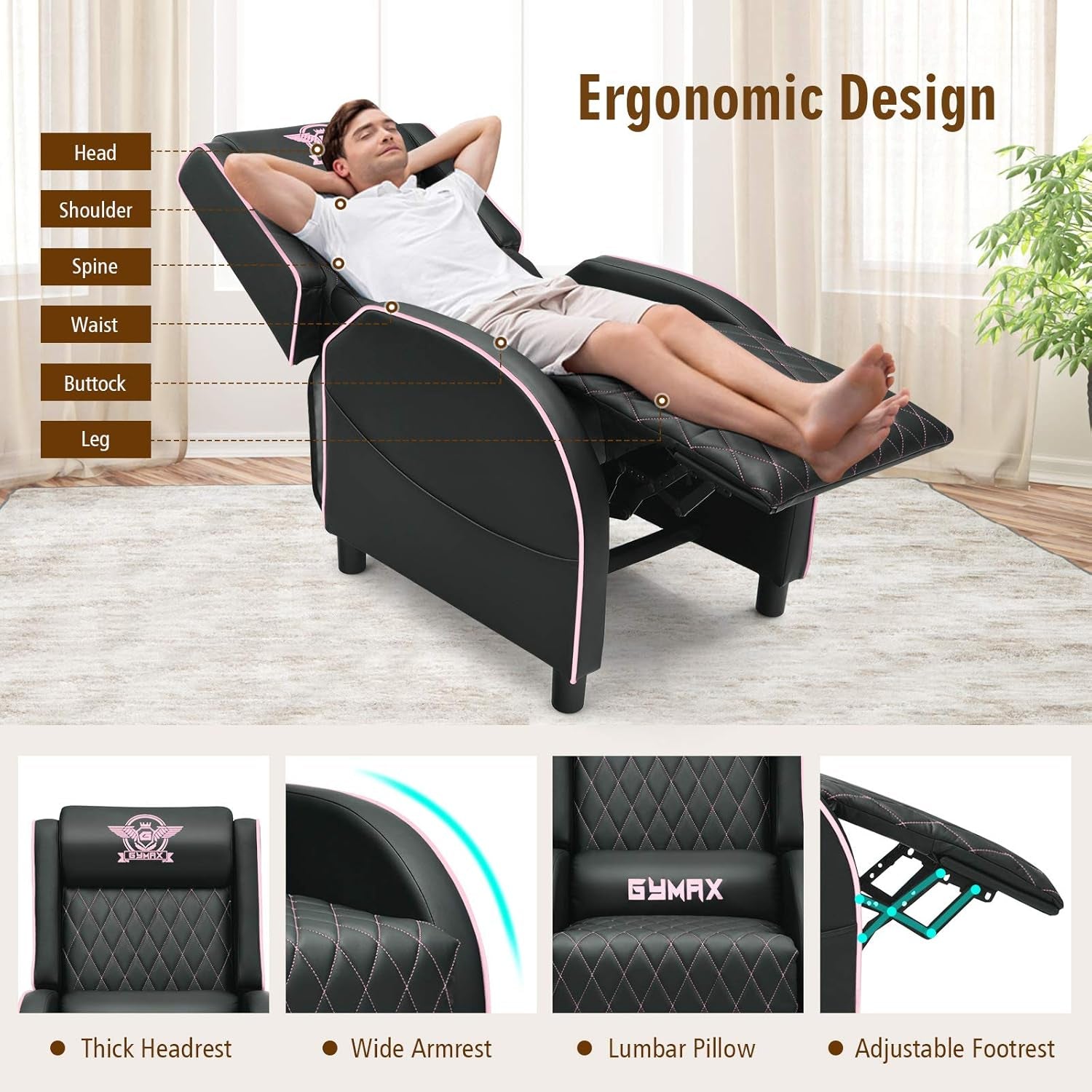 Gaming Chair Recliner with Footrest Breathable PU Leather Massage Recliner - Ergonomic Sofa Computer Chair with Lumbar Support Headrest and Side Pouch for Living Room Home Theater,Pink
