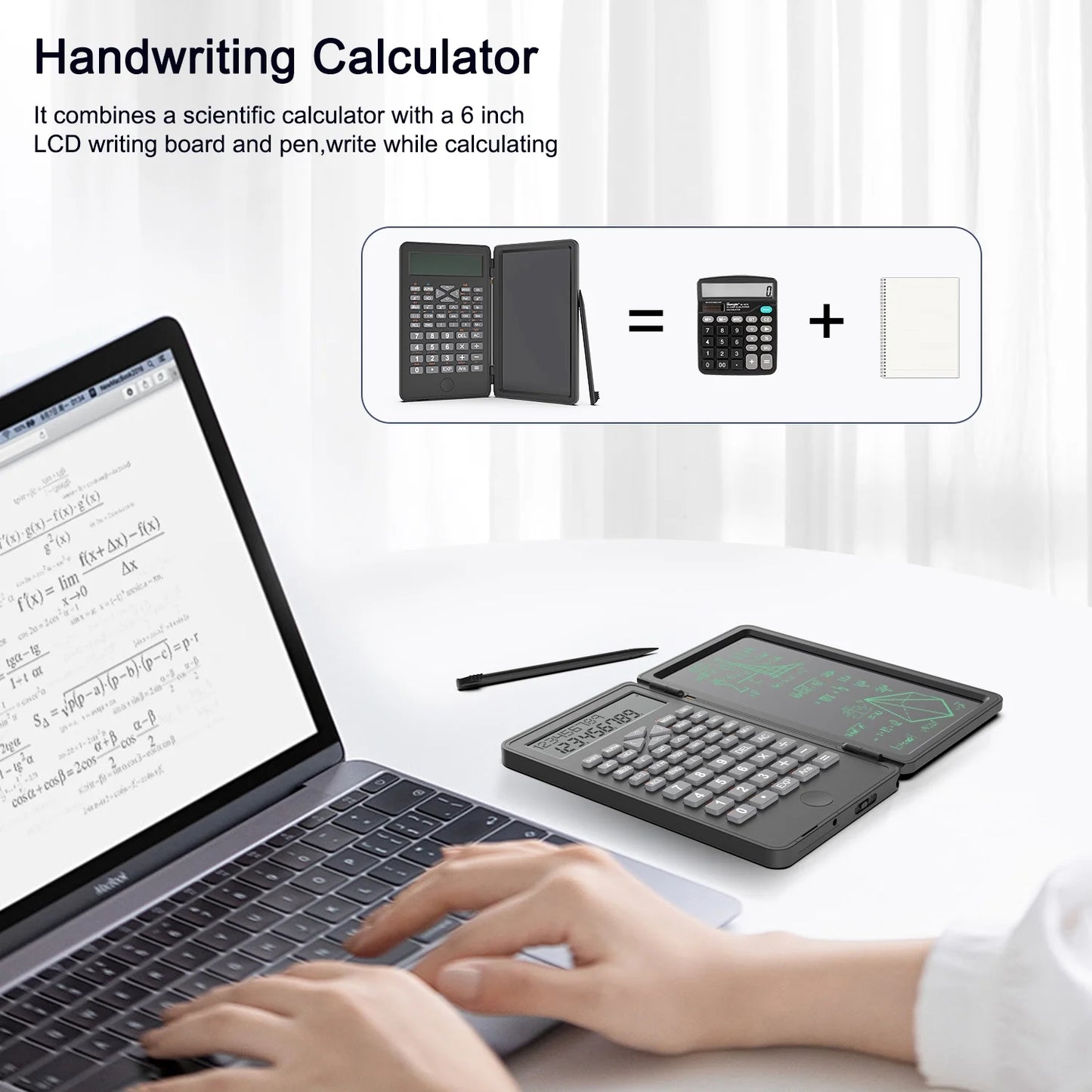 Scientific Calculator with Erasable Writing Board，10-Digit LCD Display Foldable Desk Calculator, 2 Line Physics Calculator for School Students, Financial, Office, Business, Engineering