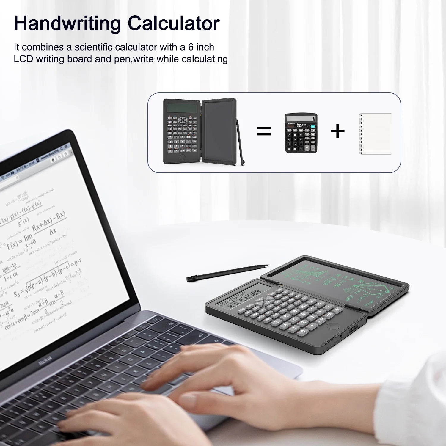 Scientific Calculator with Erasable Writing Board，10-Digit LCD Display Foldable Desk Calculator, 2 Line Physics Calculator for School Students, Financial, Office, Business, Engineering