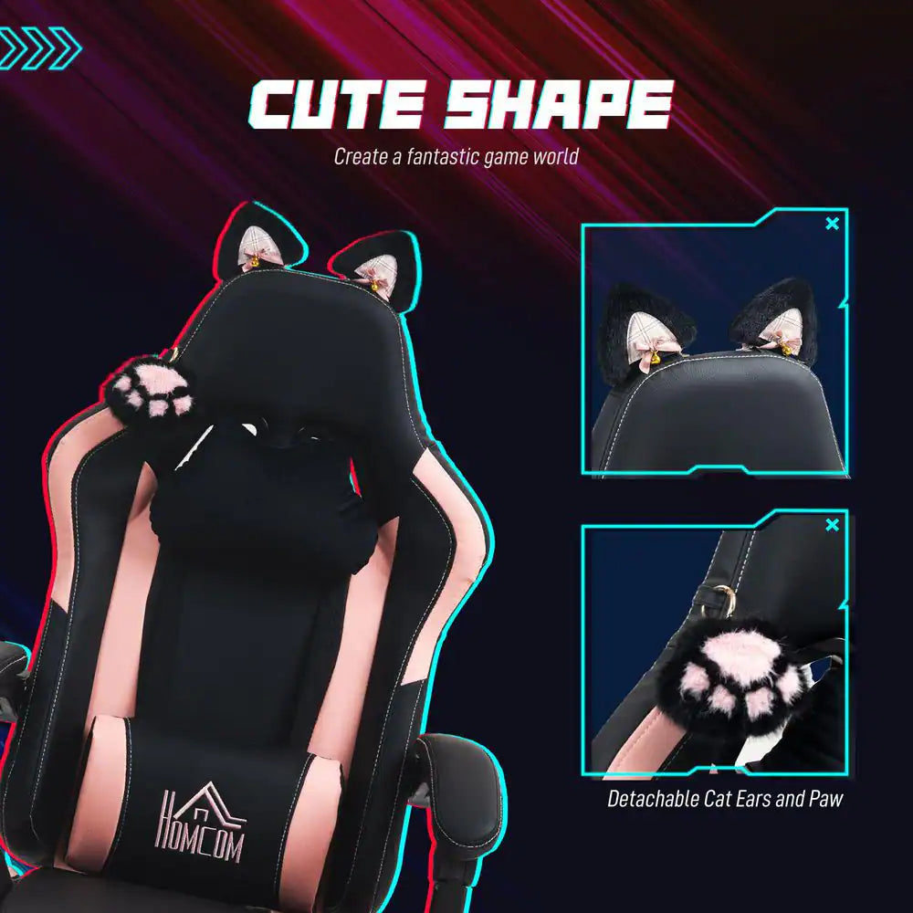 Faux Leather Cat Ear, Pillow, Adjustable Height, Tilt Gaming Chair in Black and Pink