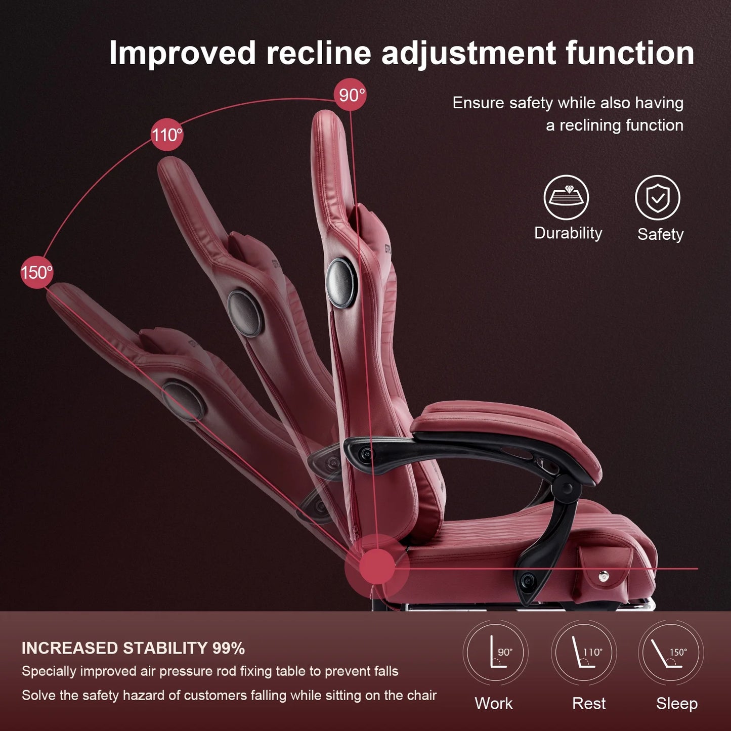 Gtplayer Pro Gaming Chair with Footrest, Dual Bluetooth 5.1 Speakers PVC Leather Recliner, Winered