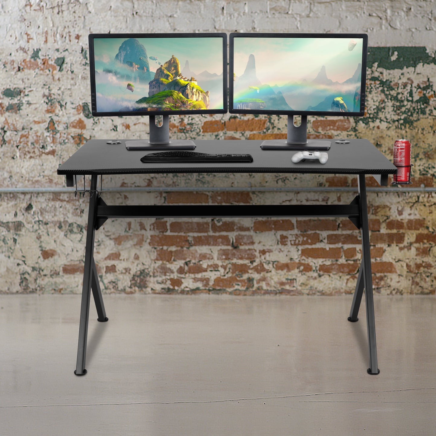 Emma + Oliver Black Computer Table Gaming Desk - Headphone Holder and 2 Cable Management Holes