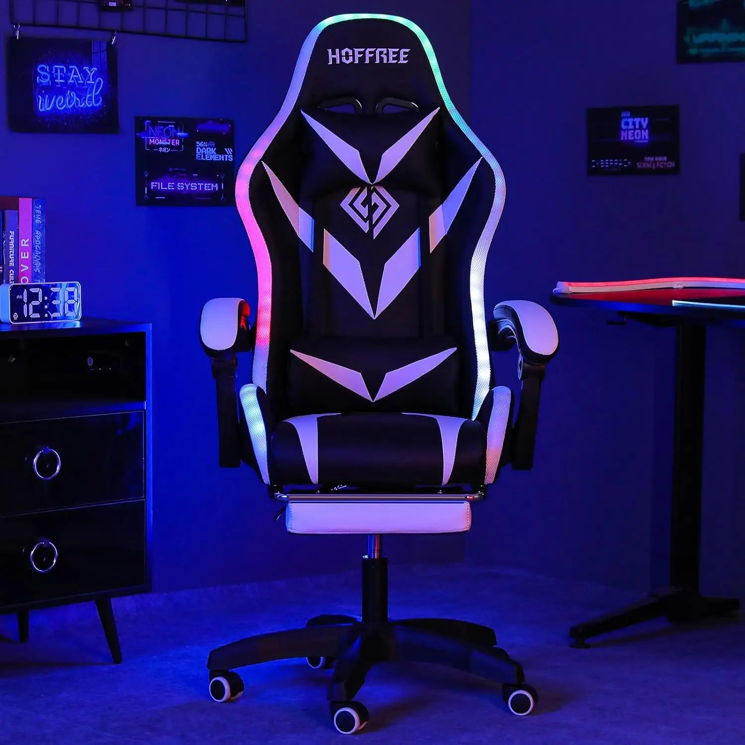 Gaming Chair Massage with Bluetooth Speakers and Led Lights Ergonomic Computer Gaming Chair with Footrest RGB Video Game