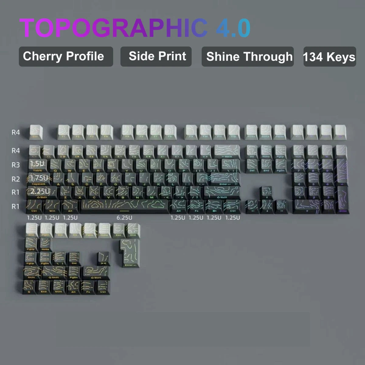 134 Key Black Topographic 4.0 PBT Keycaps Double Shot Side Print Shine through Backlit Key Caps for MX Gamer Mechanical Keyboard