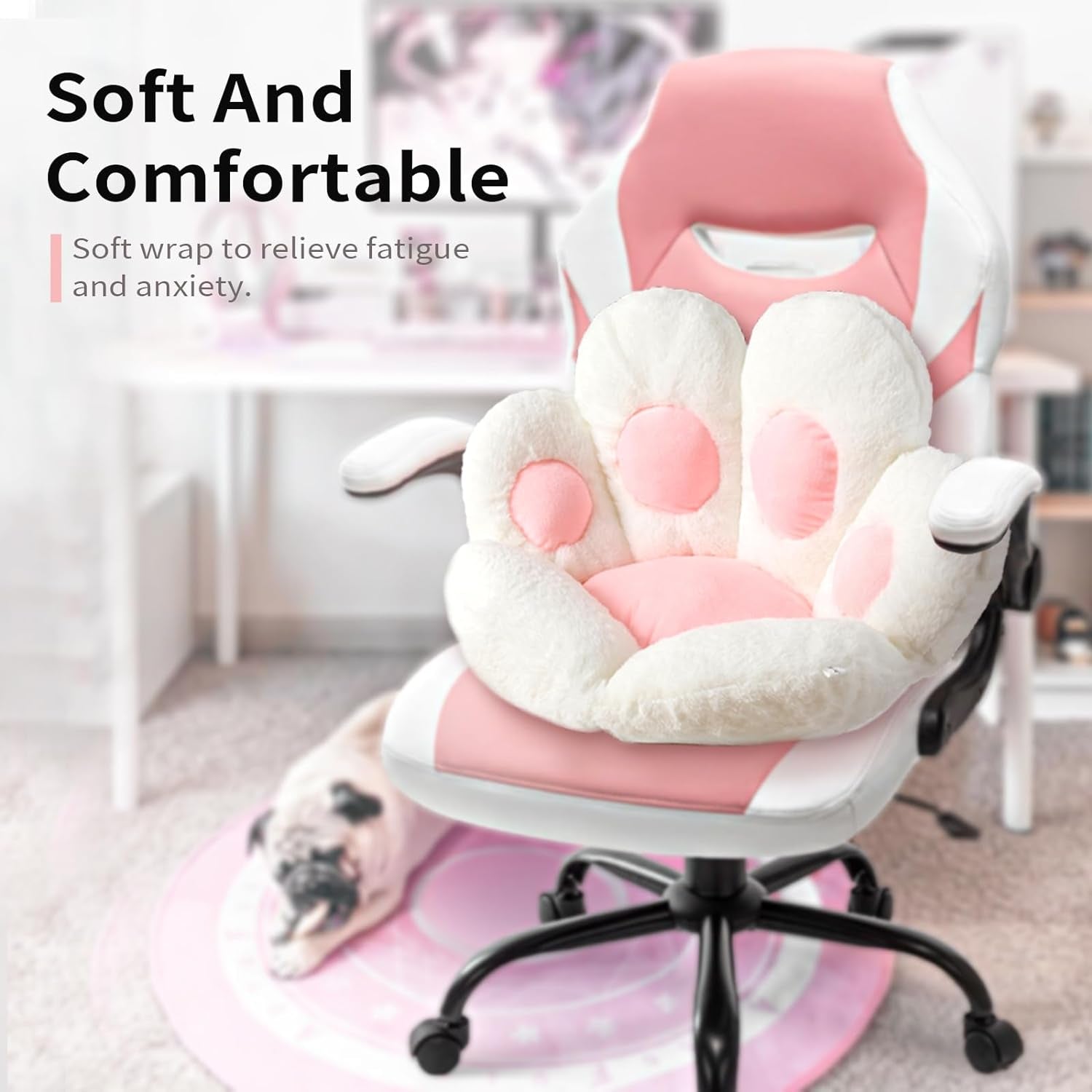 Ditucu Cat Paw Cushion Kawaii Chair Cushions 31.4 X 27.5 Inch Cute Stuff Seat Pad Comfy Lazy Sofa Office Floor Pillow for Gaming Chairs Room Decor White