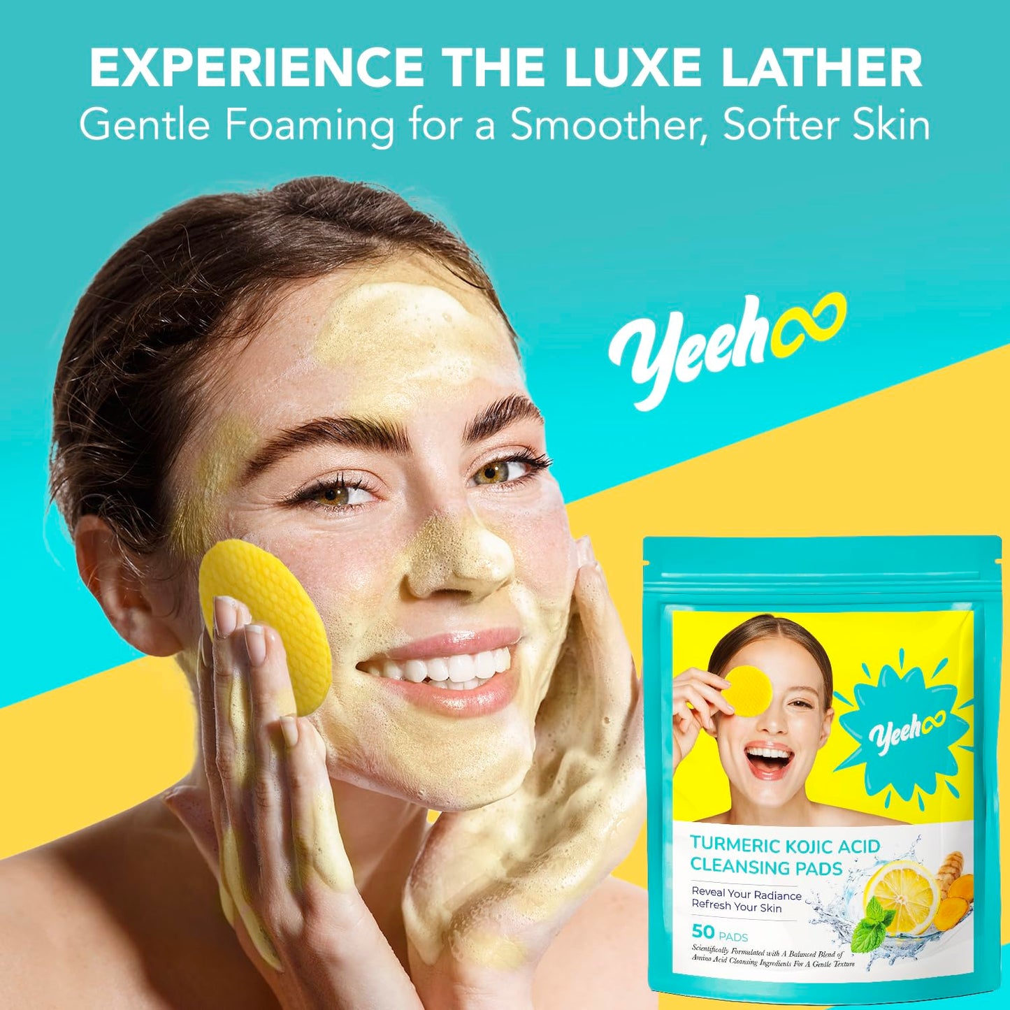 Turmeric Kojic Exfoliating Cleansing Pads: Turmeric Pads for Makeup Removal, Face and Body Cleaning, Facial Oil Balance - for More Smooth and Refreshed Skin 50 PCS
