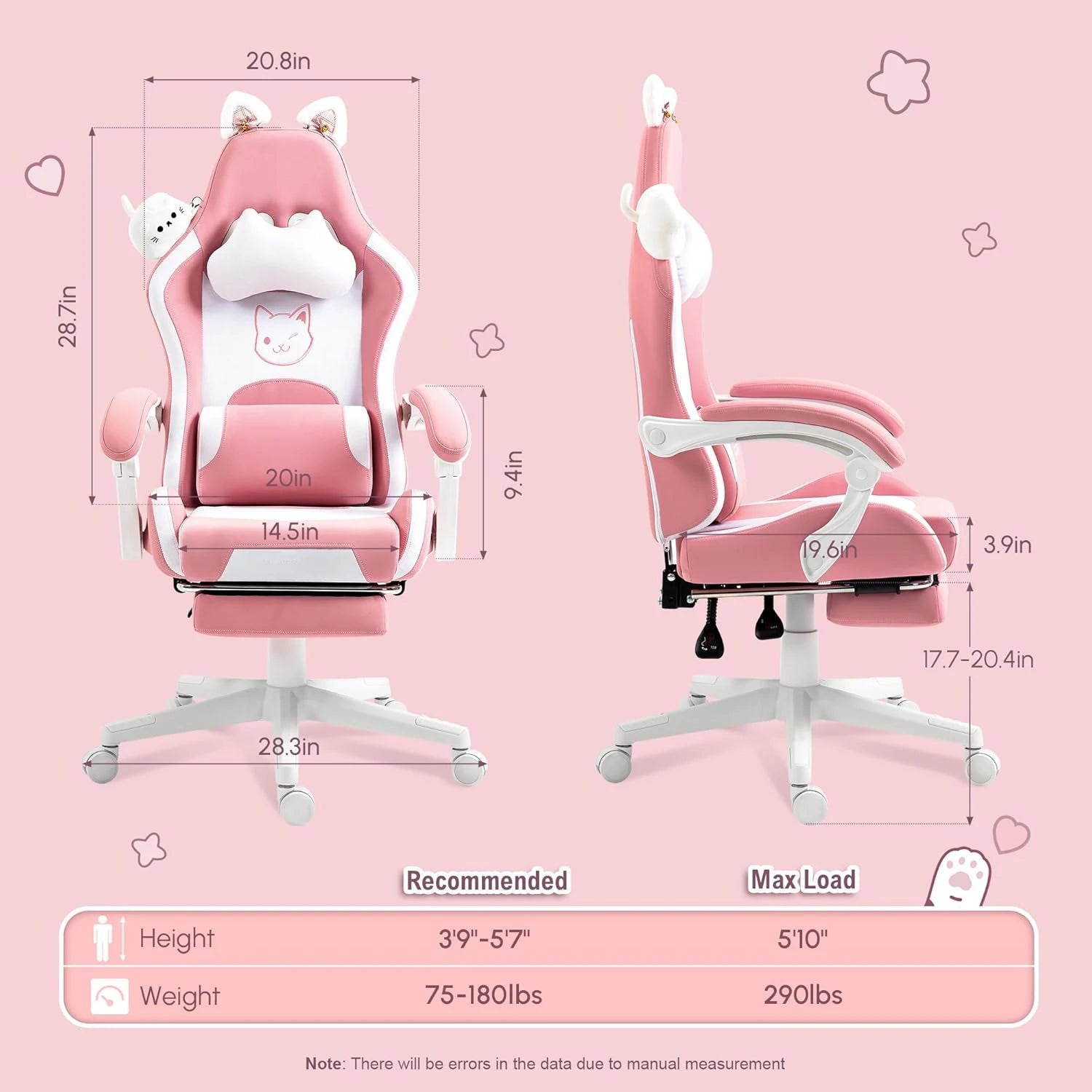 Game Chair, Equipped with Cat Ears and Massage Lumbar Support, with Foot Pedals and Headrest, Recliner Weighing 290 Pounds, Pink